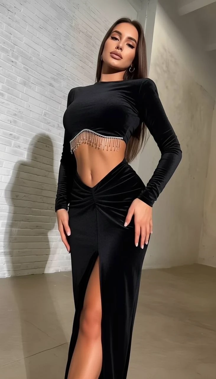 İthal Full Likralı Kadife Taşlı Büstiyer Etek Takım