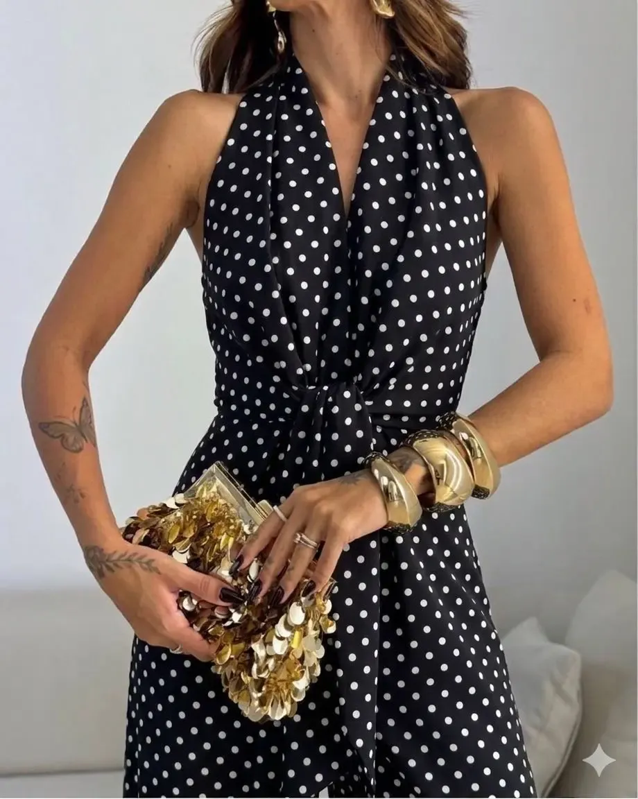 İthal Hürrem Kumaş Bağlama Detay Puantiye Desen Tulum Siyah