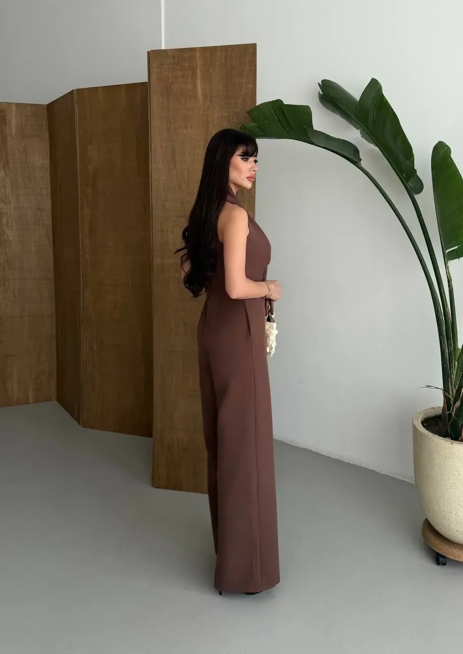 İthal Hürrem Kumaş Bağlama Detay Tulum Kahve