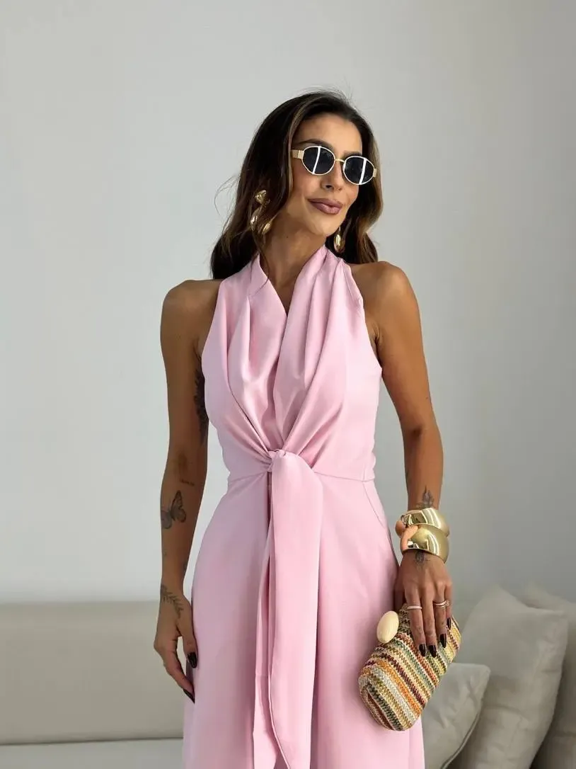 İthal Hürrem Kumaş Bağlama Detay Tulum Pembe