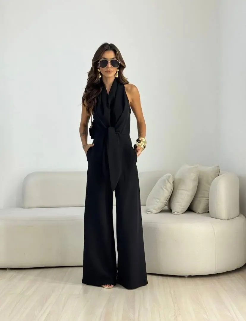 İthal Hürrem Kumaş Bağlama Detay Tulum Siyah