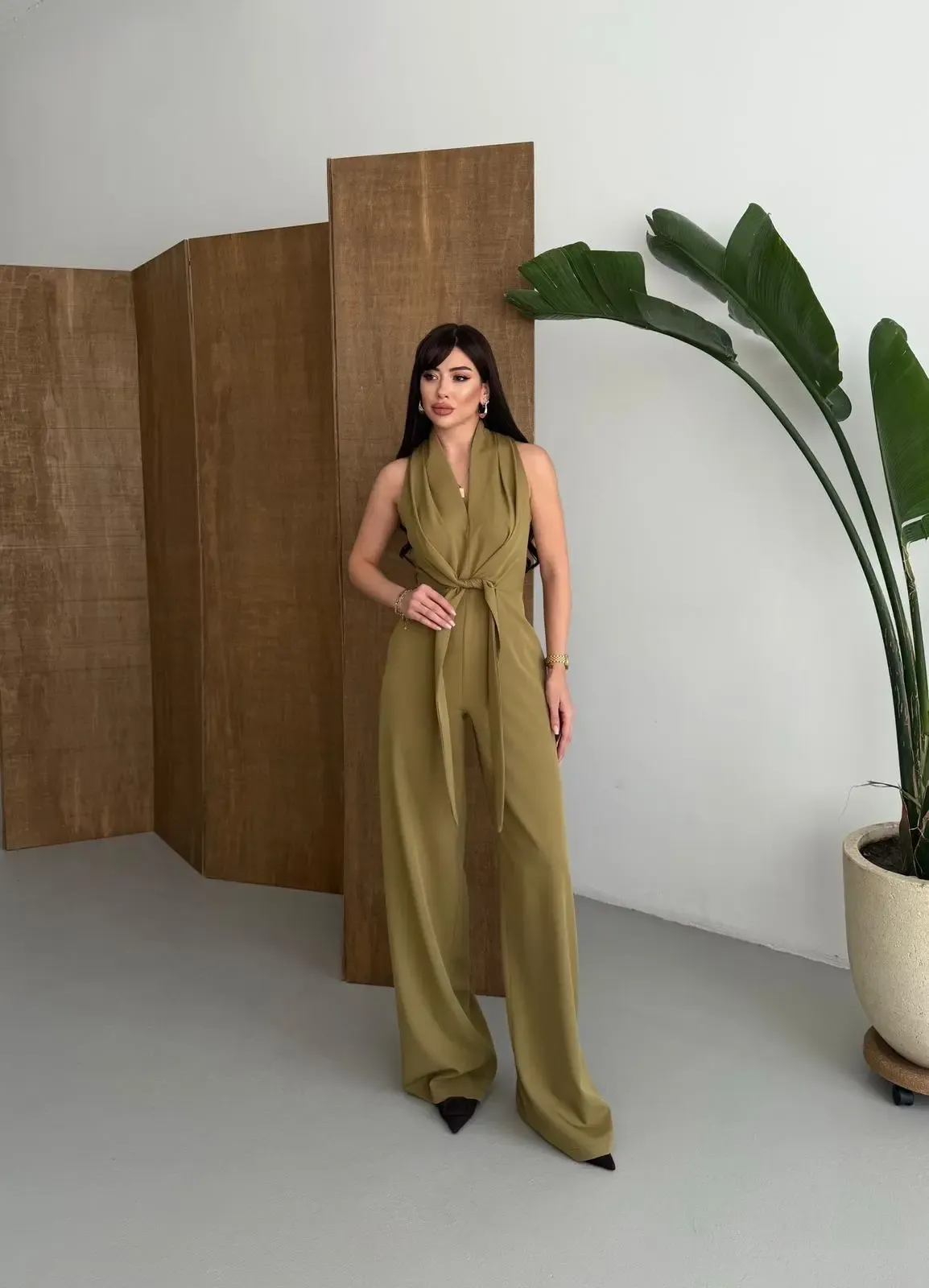 İthal Hürrem Kumaş Bağlama Detay Tulum YEŞİL