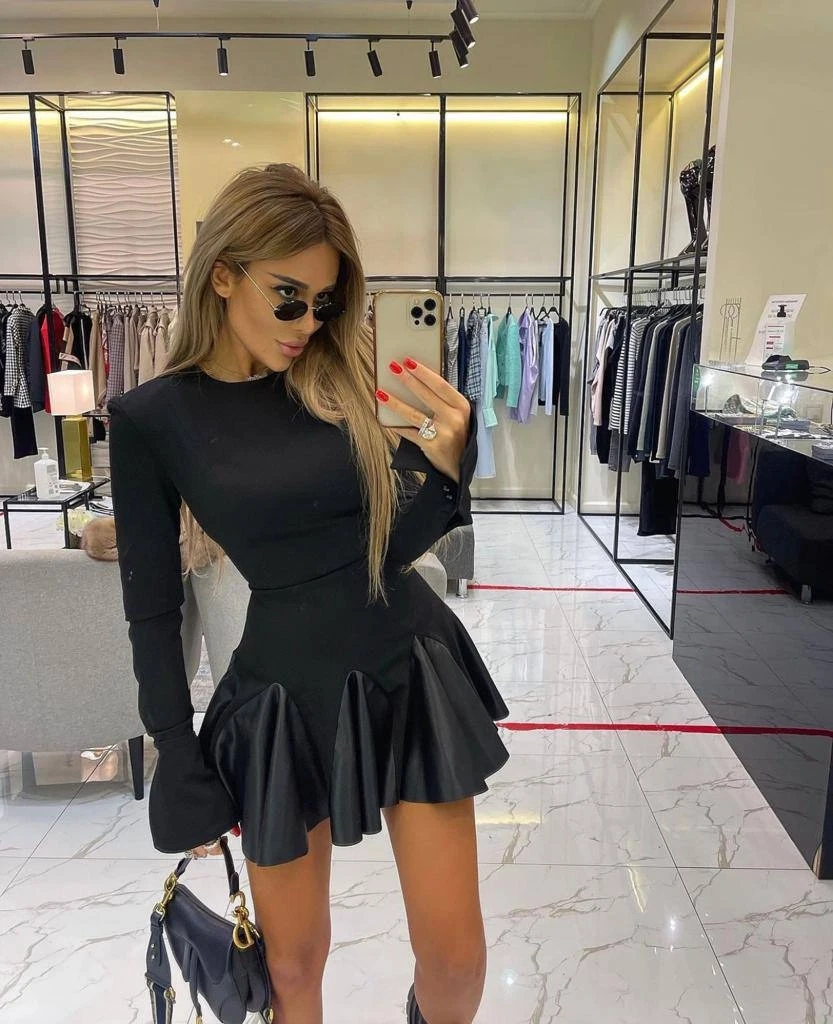 İthal Krep Kumaş Deri Detay Elbise