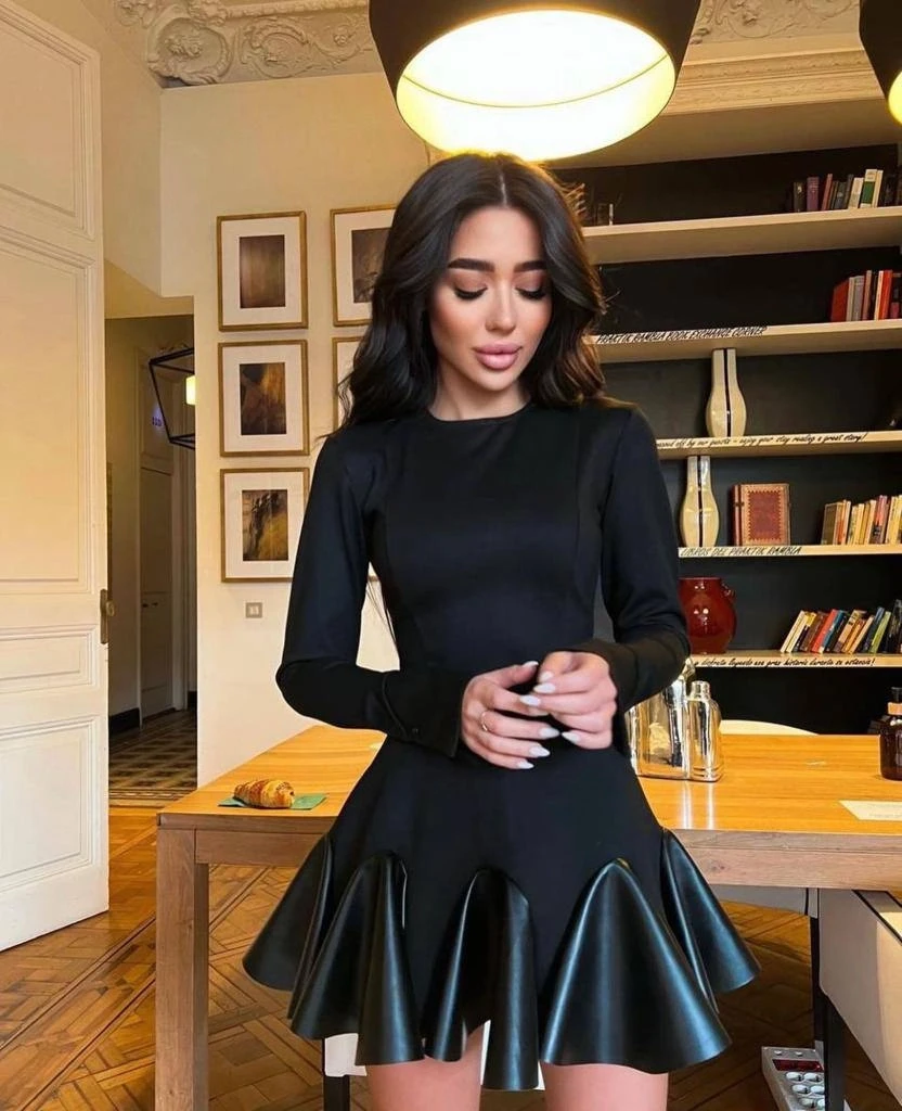 İthal Krep Kumaş Deri Detay Elbise