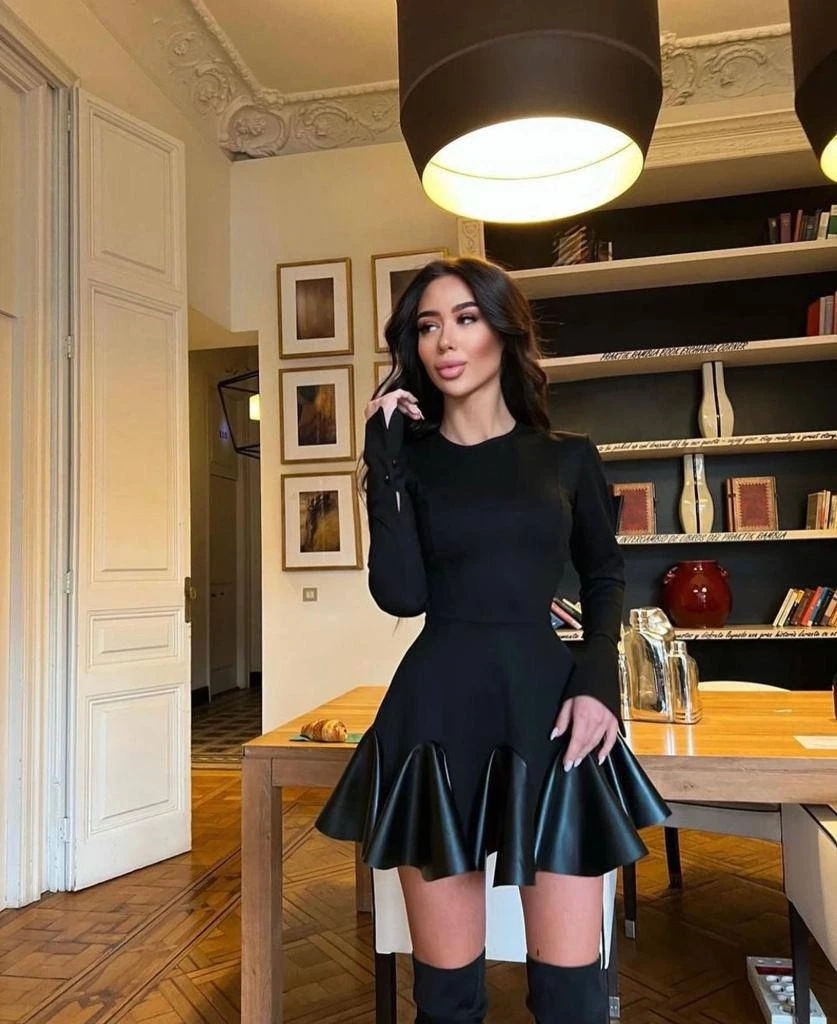 İthal Krep Kumaş Deri Detay Elbise