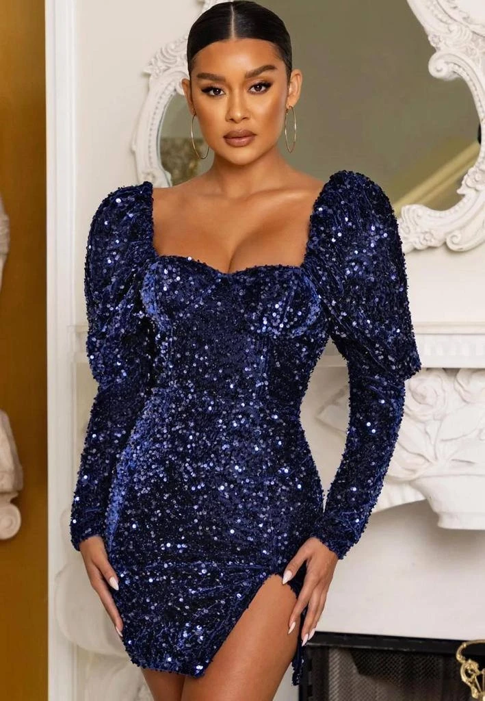 İthal Pulpayet İşlemeli Kadife Mini Elbise