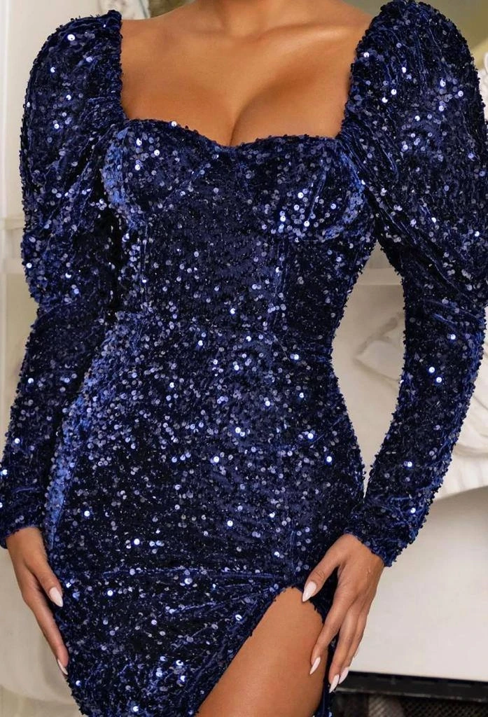 İthal Pulpayet İşlemeli Kadife Mini Elbise