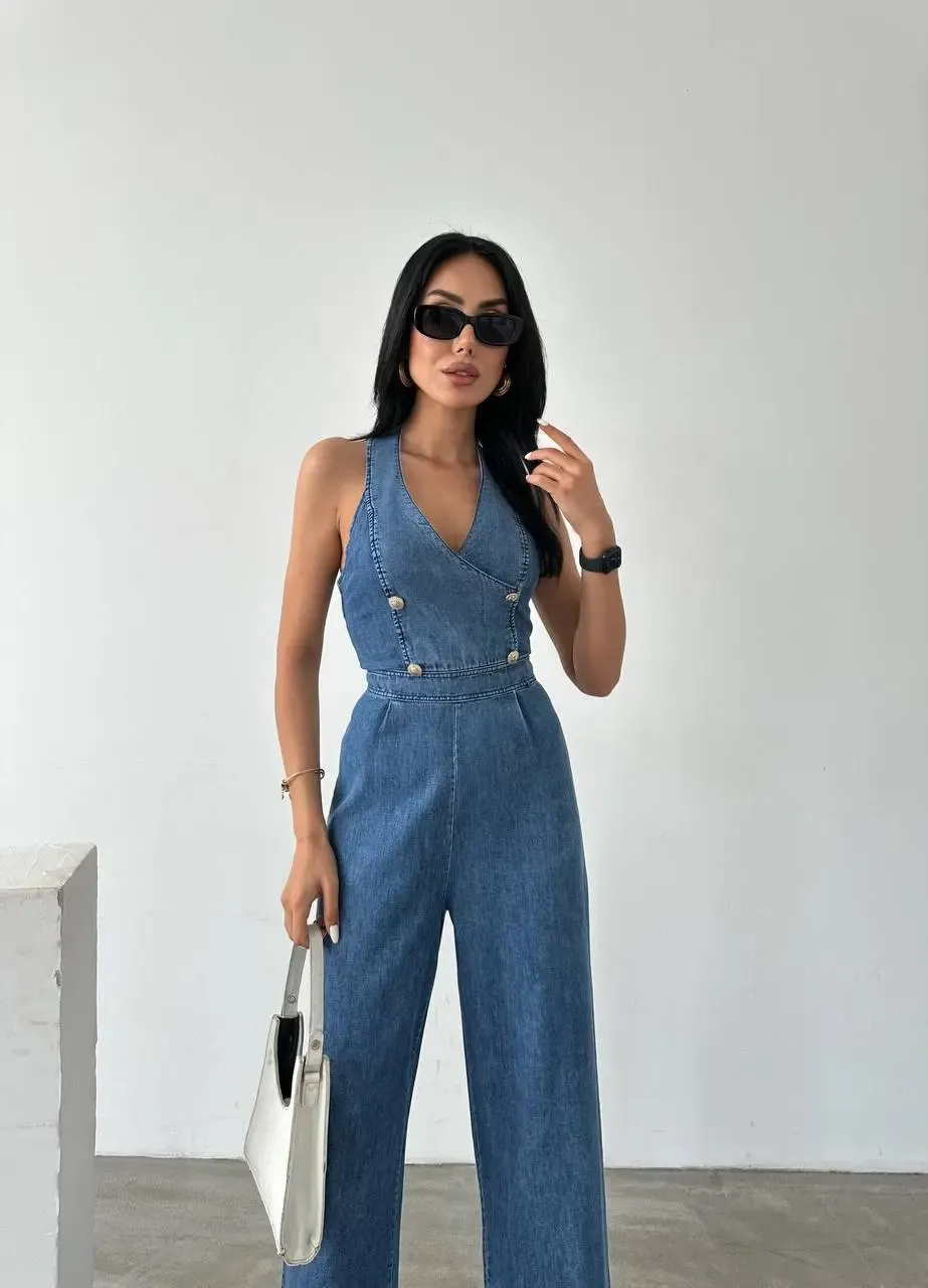 İthal Tensel Denim Tulum Düğme Detay