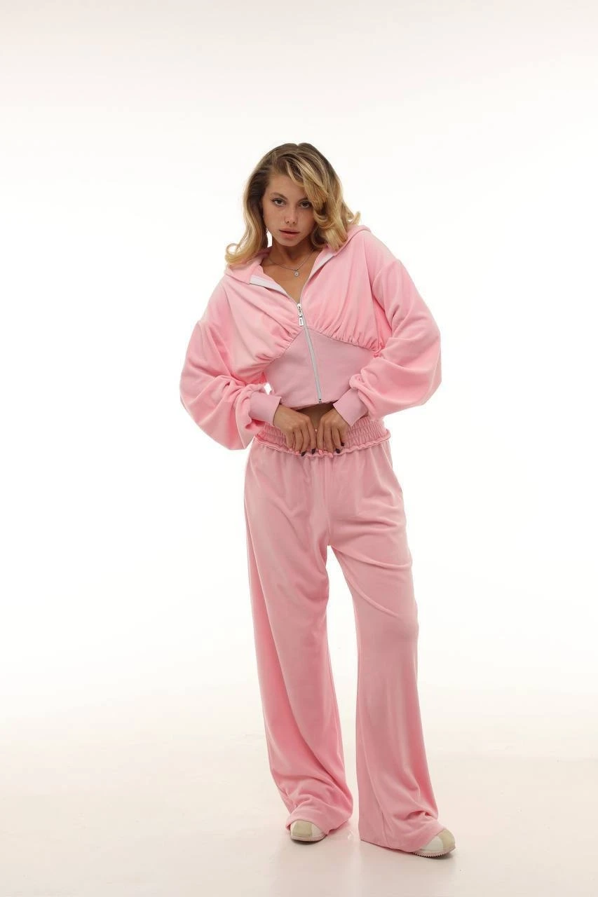 Kadife Kumaş 3lü Eşofman Takımı Pembe