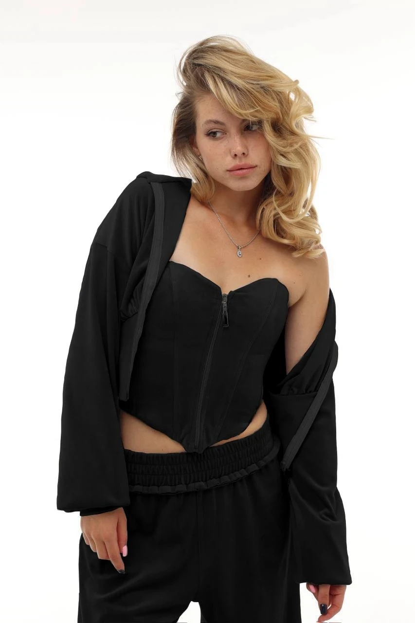 Kadife Kumaş 3lü Eşofman Takımı Siyah