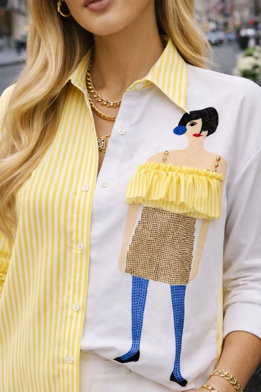 Kadın Baskılı Gömlek Çizgili Bloklu Gömlek Sarı