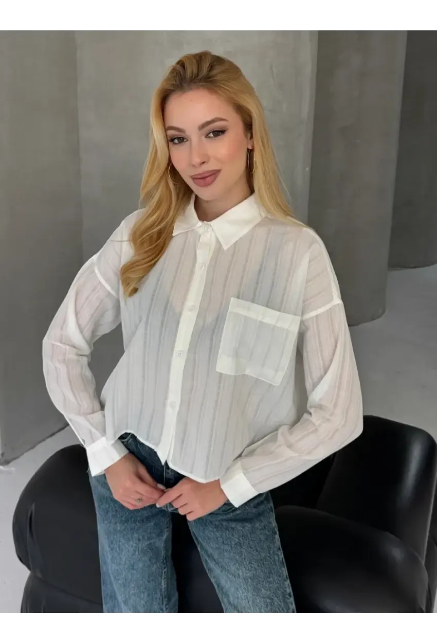 Kadın Beyaz Çizgili Salaş Gömlek