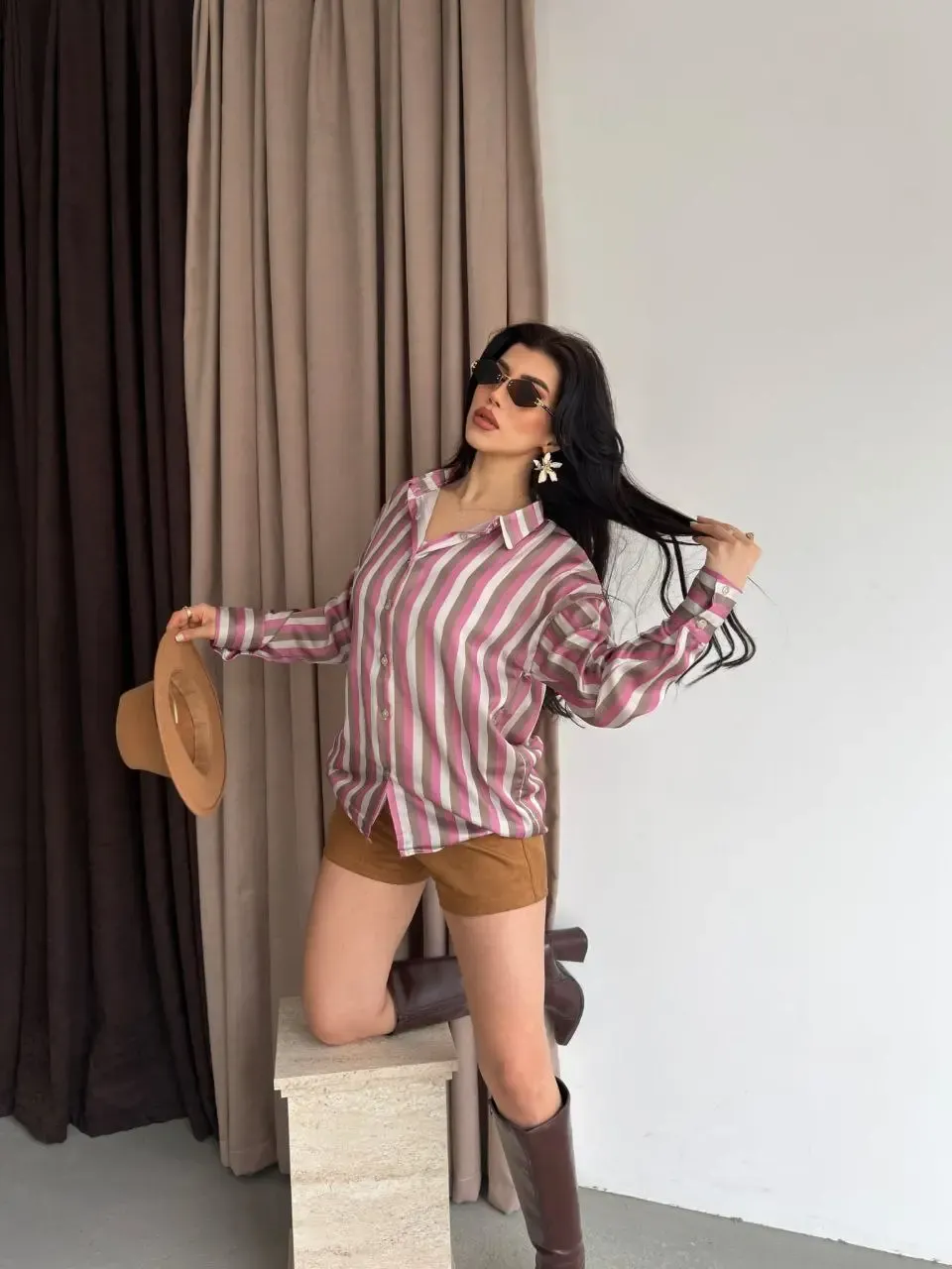 Kadın Çizgili Desenli Saten Gömlek