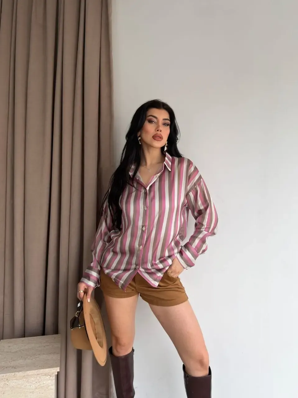 Kadın Çizgili Desenli Saten Gömlek