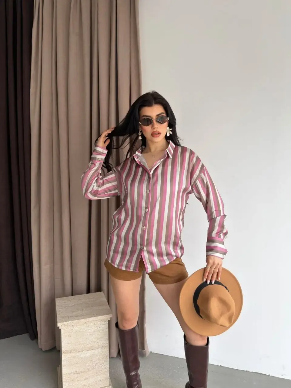 Kadın Çizgili Desenli Saten Gömlek