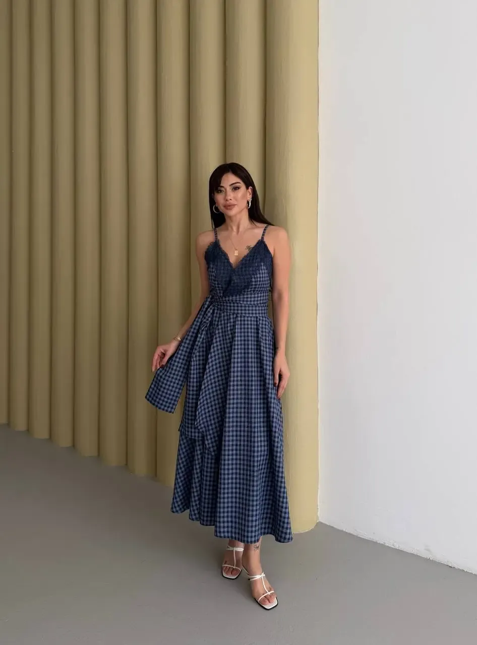 Kadın Ekose Dantelli Sırt Gipeli Elbise Mavi