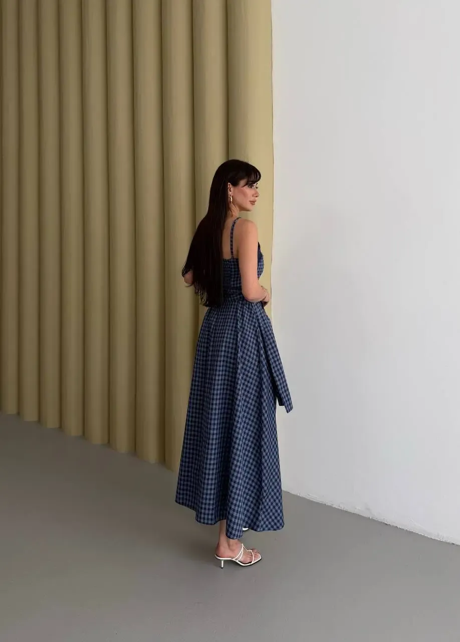 Kadın Ekose Dantelli Sırt Gipeli Elbise Mavi