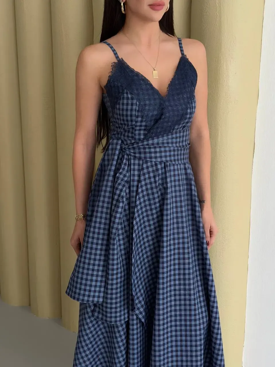 Kadın Ekose Dantelli Sırt Gipeli Elbise Mavi