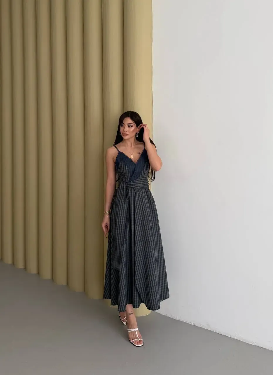 Kadın Ekose Dantelli Sırt Gipeli Elbise Yeşil