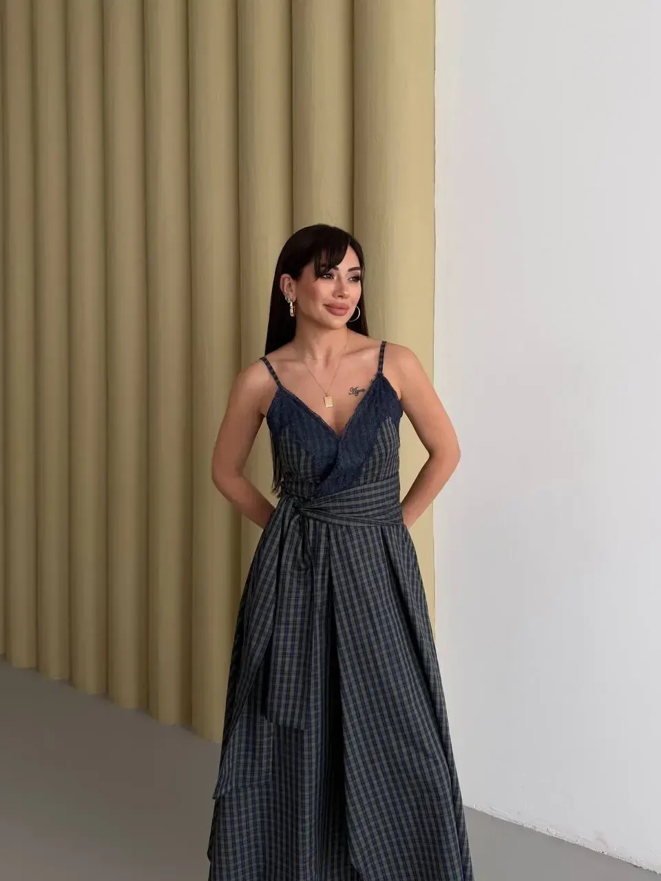 Kadın Ekose Dantelli Sırt Gipeli Elbise Yeşil