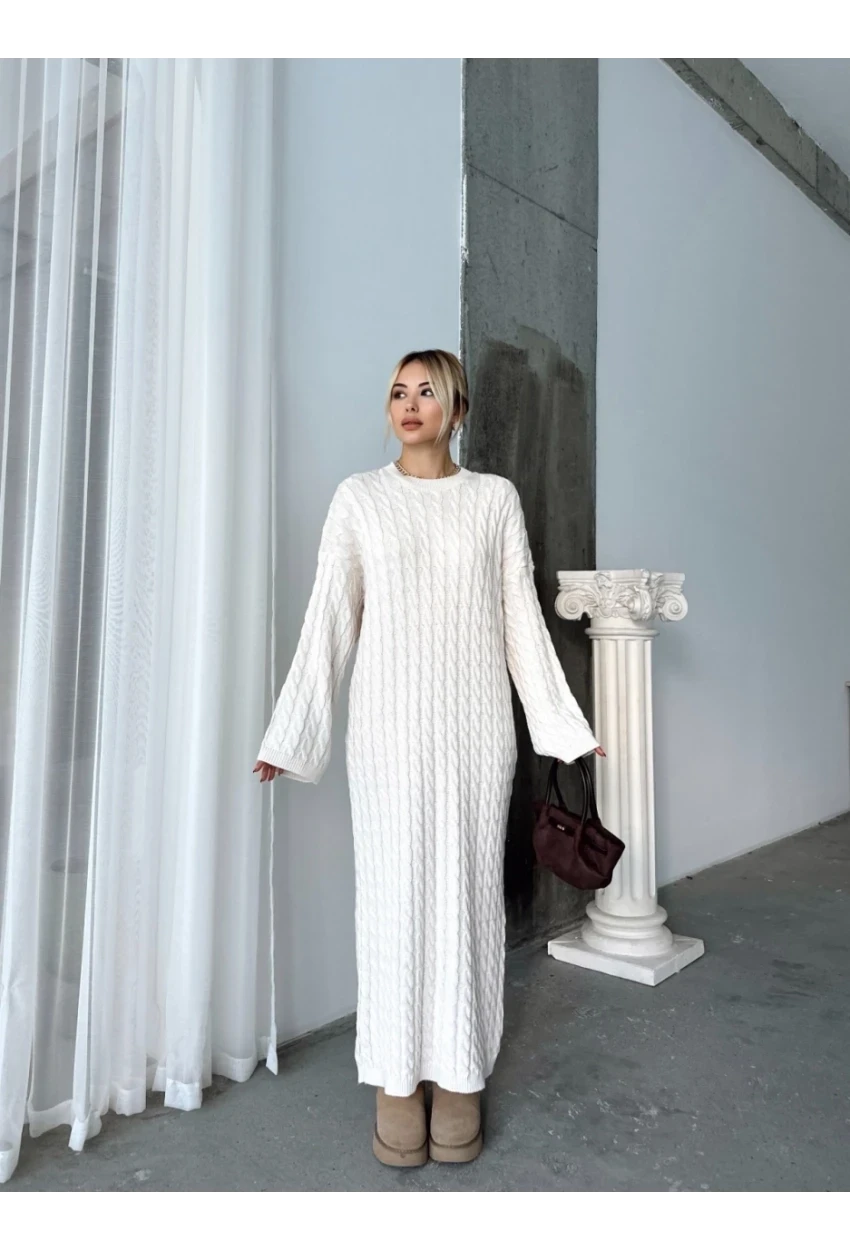 Kadın Ekru Bisiklet Yaka Saç Örgülü Kadın Triko Midi Elbise