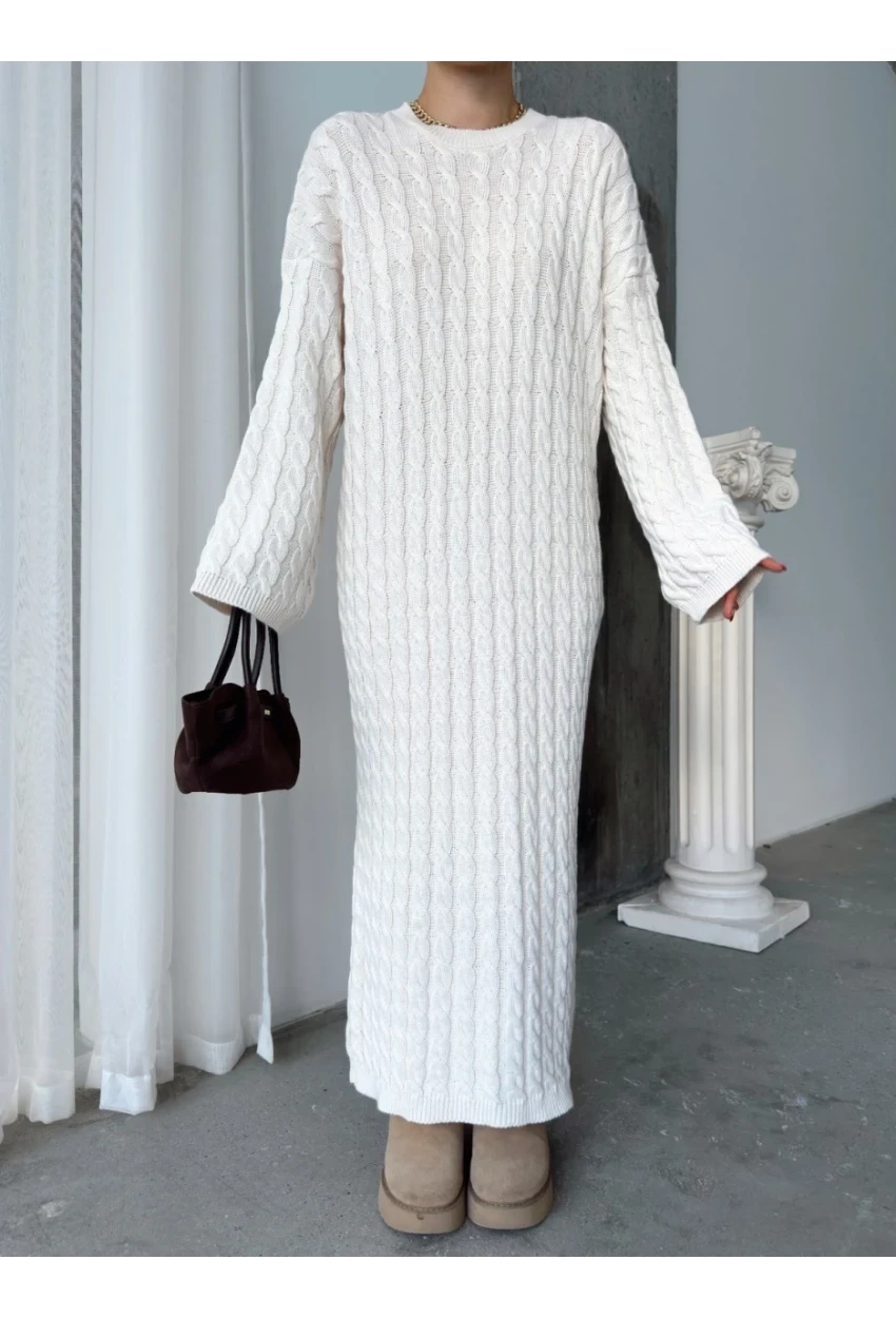 Kadın Ekru Bisiklet Yaka Saç Örgülü Kadın Triko Midi Elbise