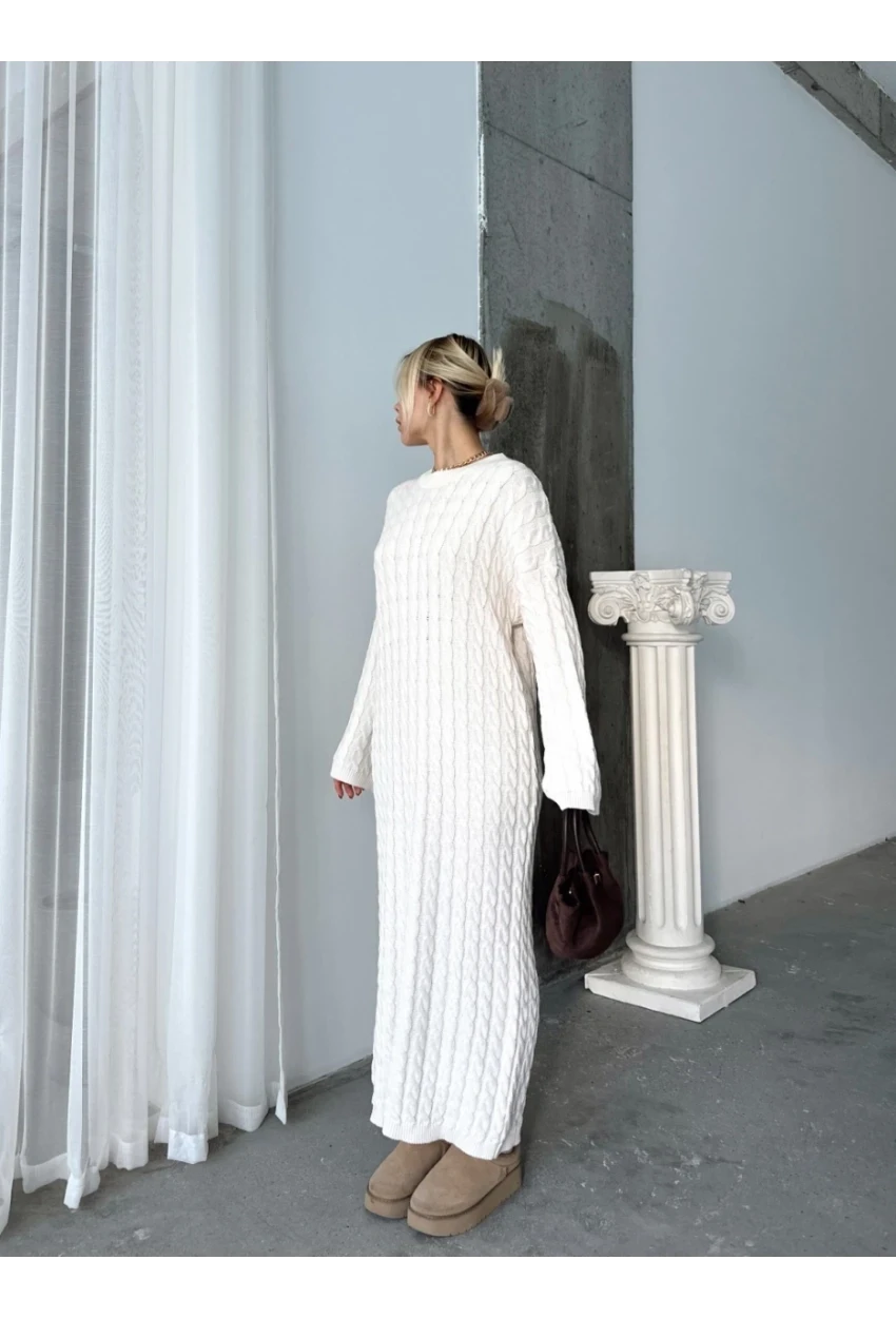 Kadın Ekru Bisiklet Yaka Saç Örgülü Kadın Triko Midi Elbise