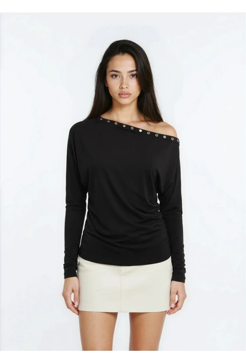 Kadın Kayık Yaka Yarasa Kol Yakası Troklu Lycralı Penye Bluz