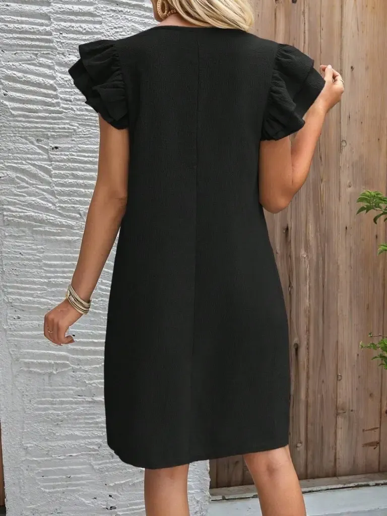 Kadın Kısa Kollu Bisiklet Yaka Fırfırlı Kısa Bürümcük Elbise