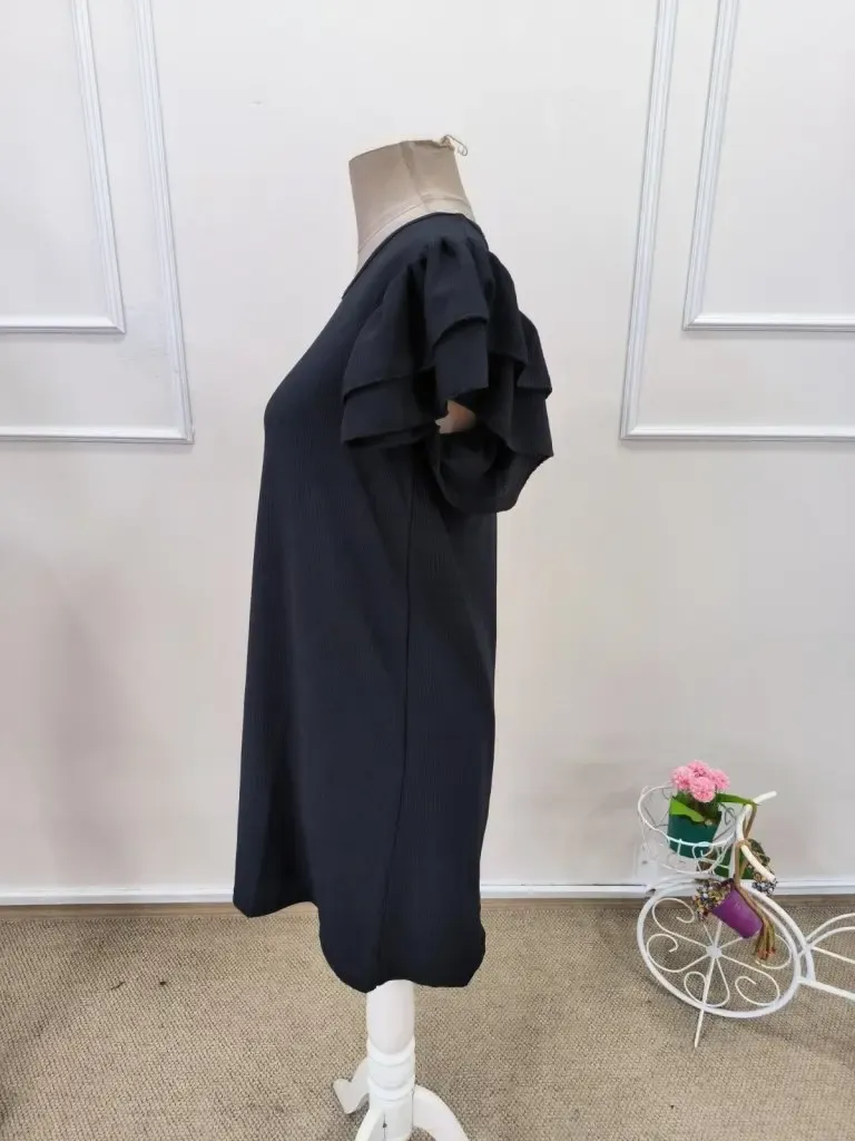 Kadın Kısa Kollu Bisiklet Yaka Fırfırlı Kısa Bürümcük Elbise