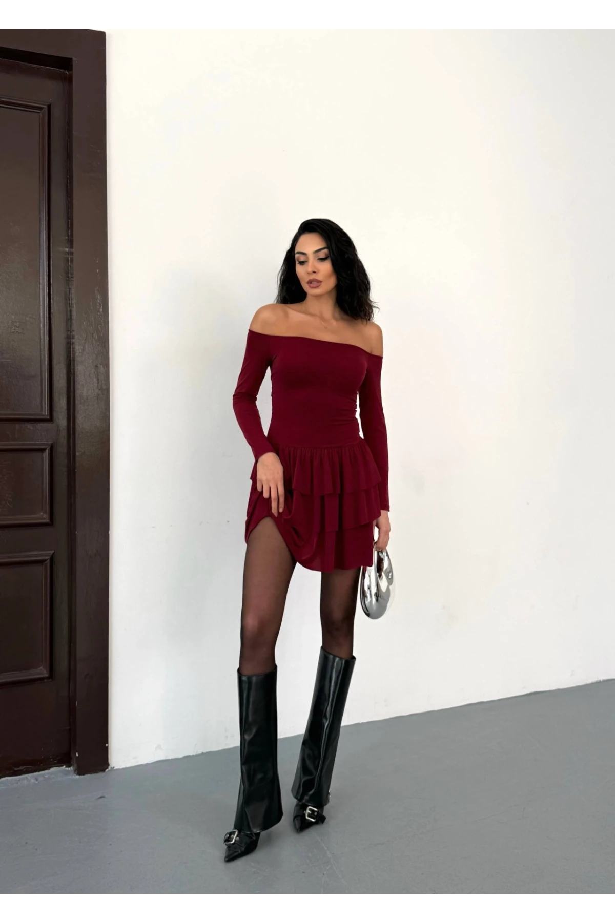 Kadın Omuz Detay Mini Elbise Bordo