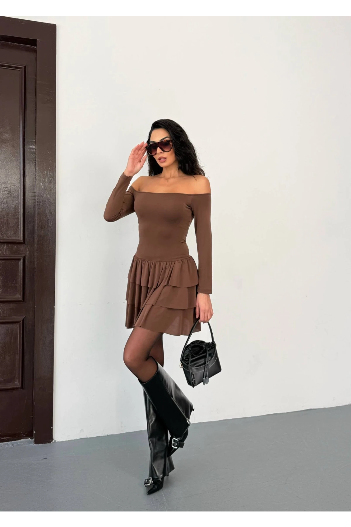 Kadın Omuz Detay Mini Elbise Kahve