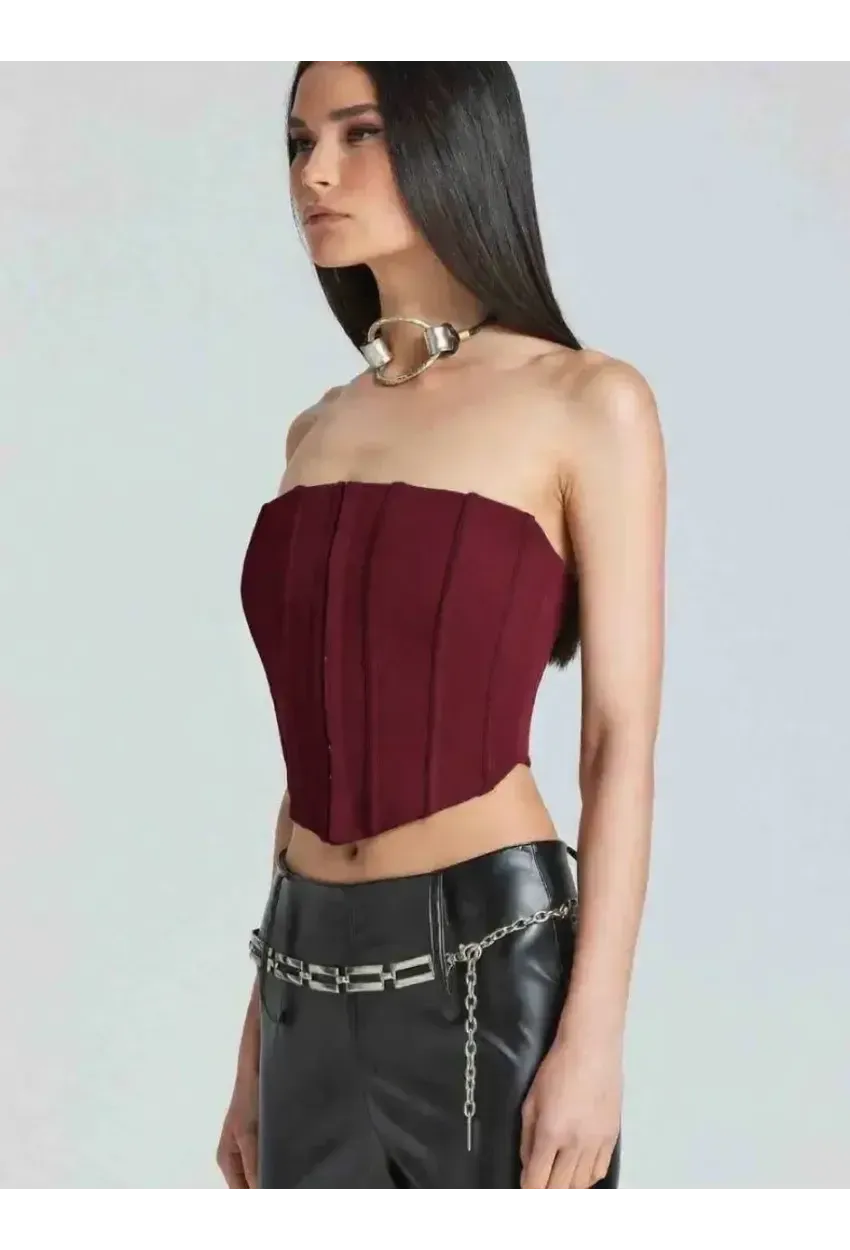 Kadın Şık Korse Crop Top - Straplez Düğmeli Büstiyer Bordo