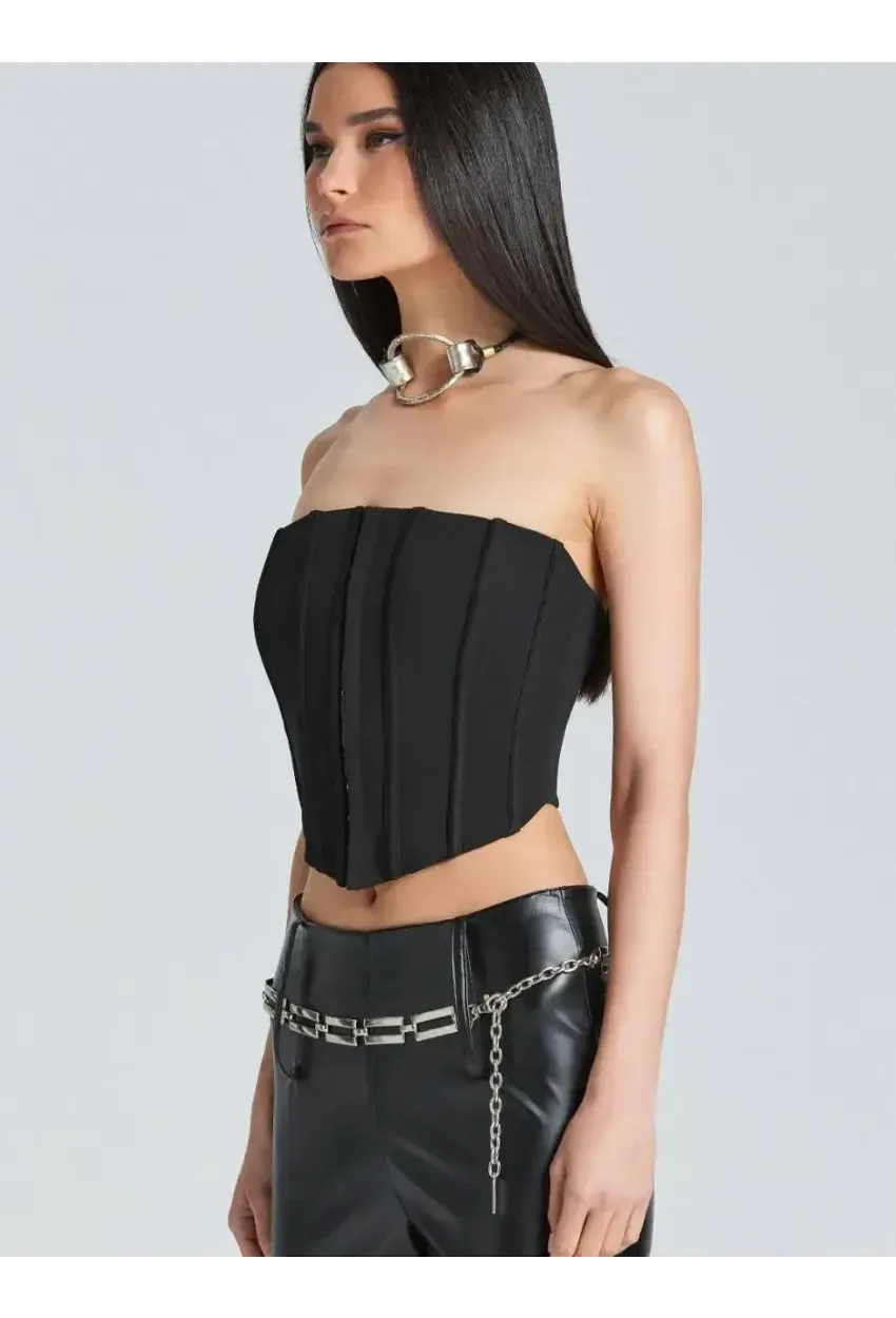 Kadın Şık Korse Crop Top - Straplez Düğmeli Büstiyer Siyah