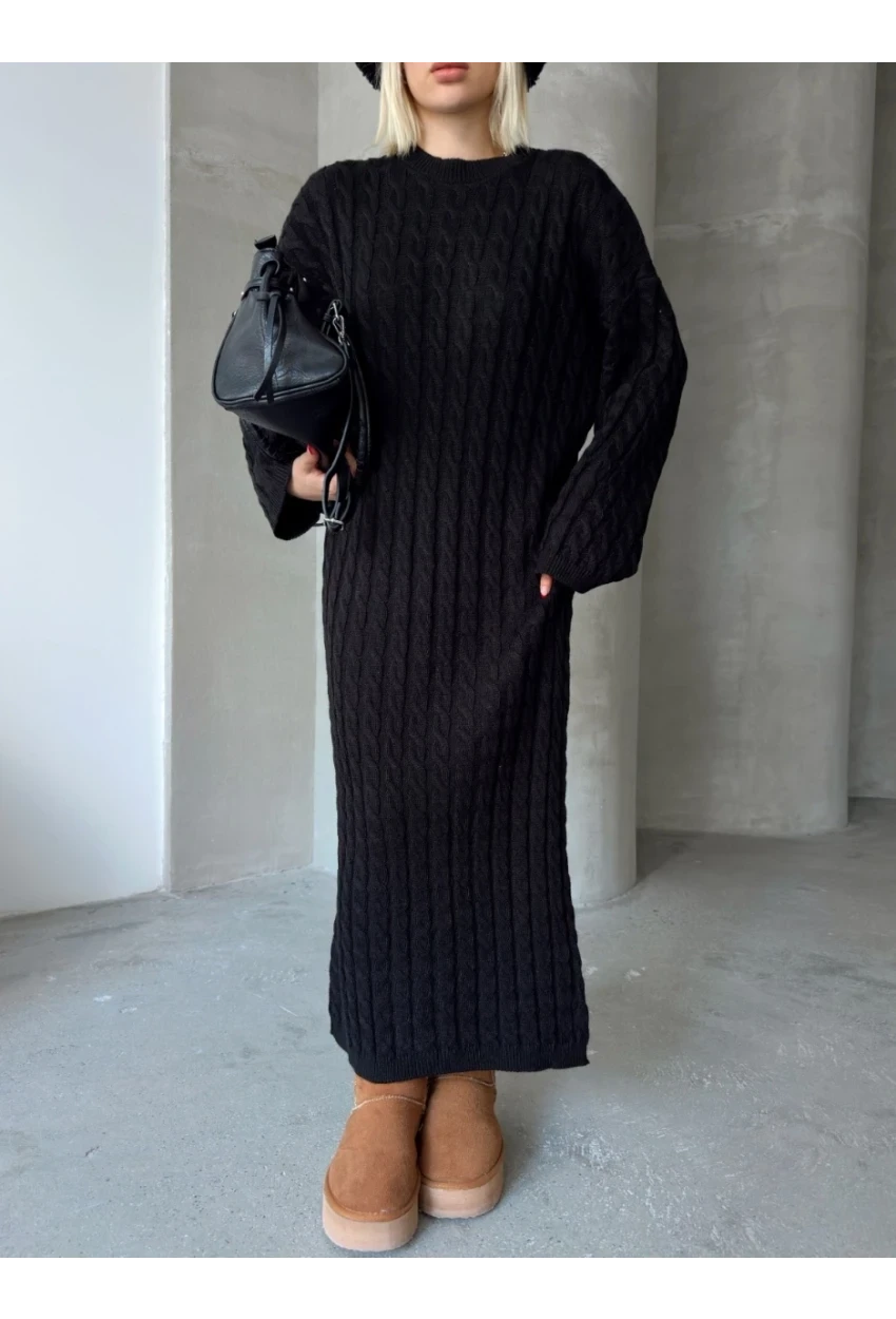 Kadın Siyah Bisiklet Yaka Saç Örgülü Kadın Triko Midi Elbise