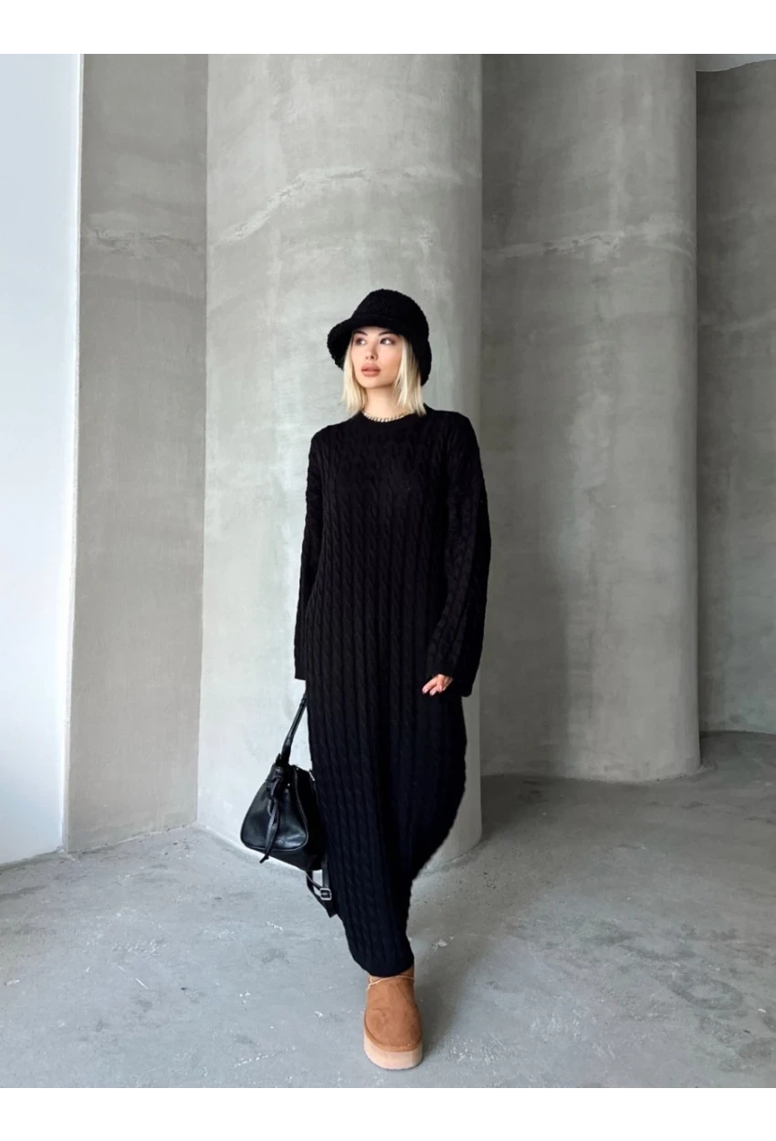 Kadın Siyah Bisiklet Yaka Saç Örgülü Kadın Triko Midi Elbise