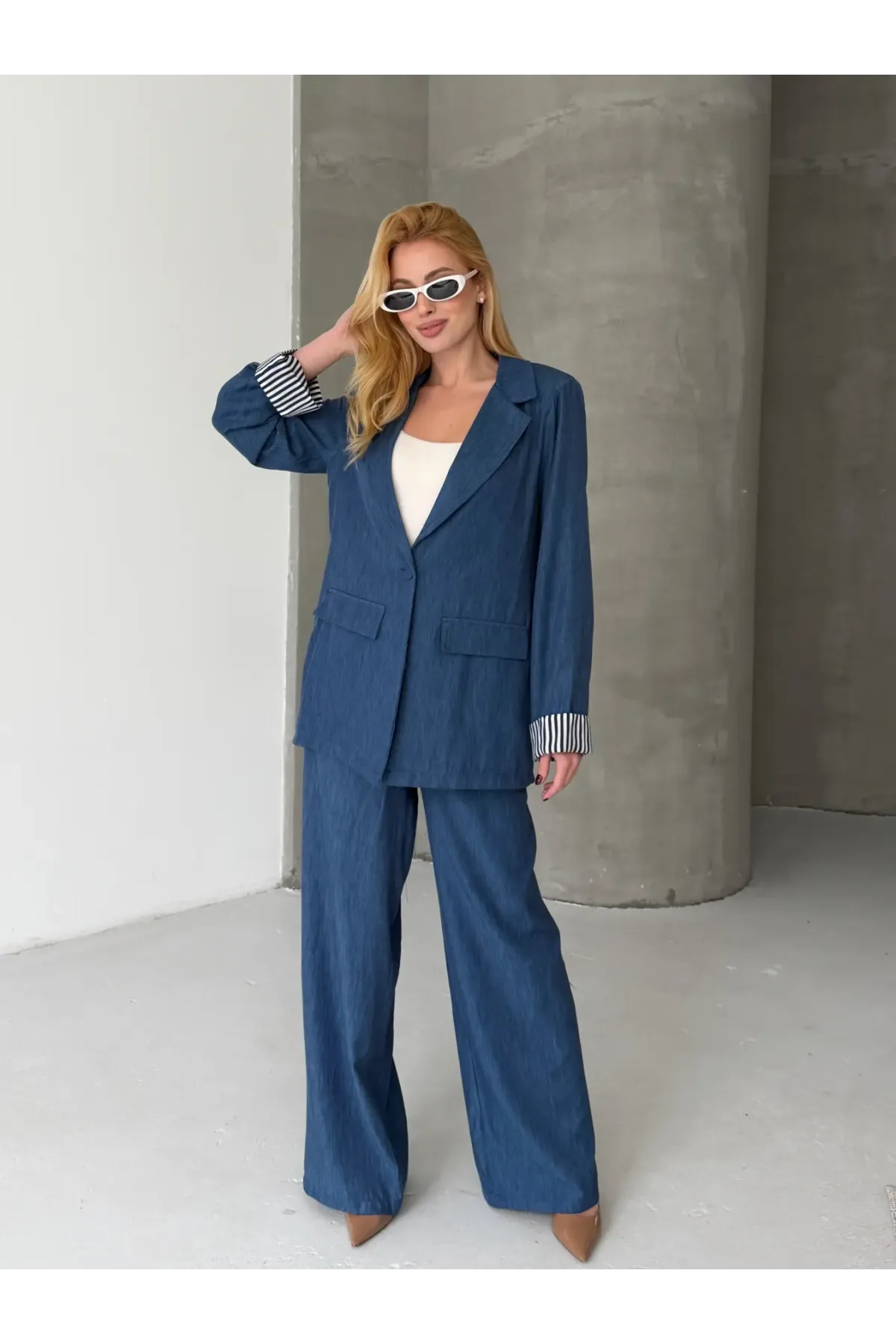 Kadın Tensel Kumaş Blazer Ceket Pantolon Takım