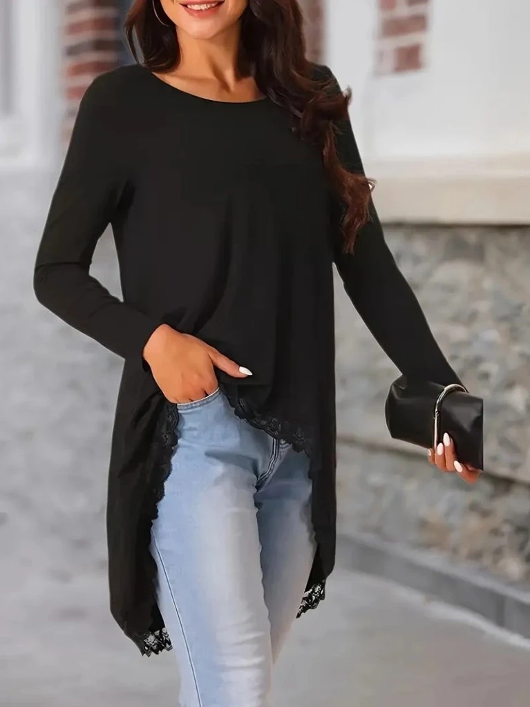 Uzun Kollu Bisiklet Yaka Asimetrik Kesim Detaylı Dantelli Viskon Bluz
