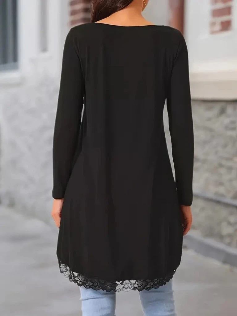 Uzun Kollu Bisiklet Yaka Asimetrik Kesim Detaylı Dantelli Viskon Bluz
