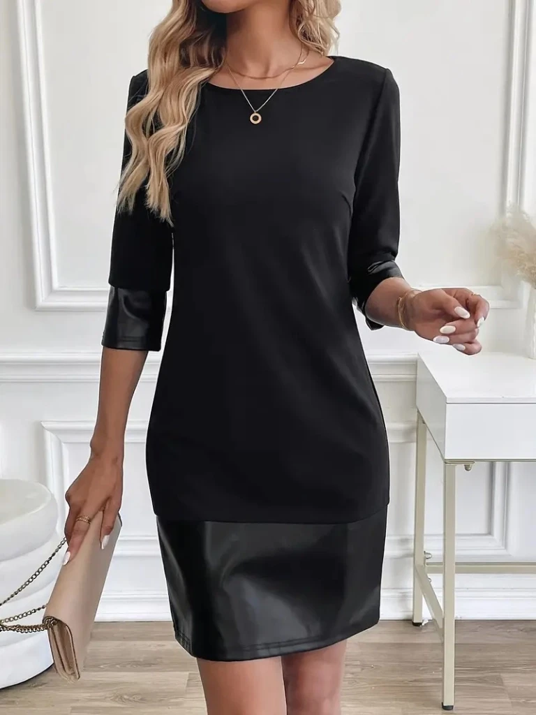 Uzun Kollu Bisiklet Yaka Deri Detaylı Ithal Krep Elbise