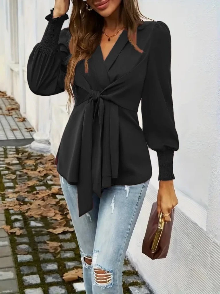 Uzun Kollu Kruvaze Yakalı önden Bağlamalı Ithal Krep Bluz