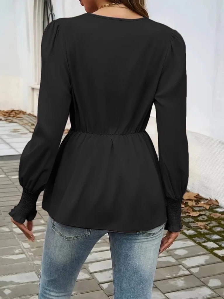 Uzun Kollu Kruvaze Yakalı önden Bağlamalı Ithal Krep Bluz