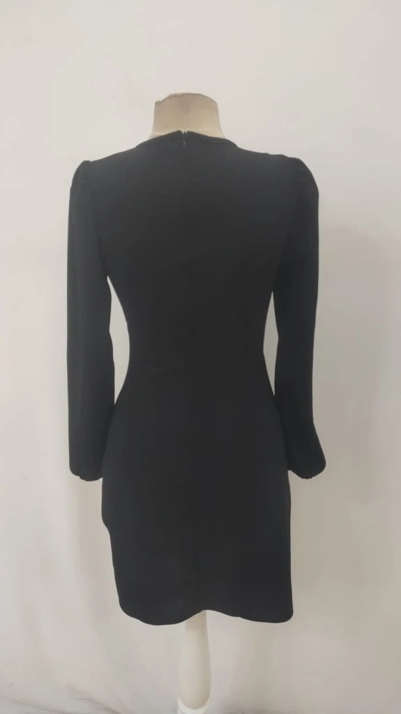 Kadın Uzun Kollu Kruvaze Yakalı Büzgü Detaylı Krep Kısa Elbise