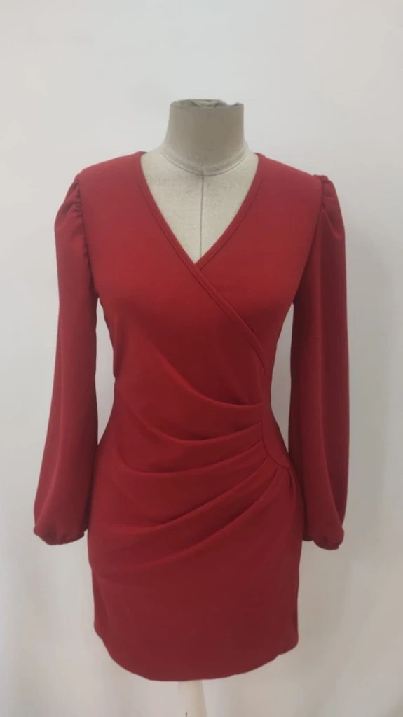 Kadın Uzun Kollu Kruvaze Yakalı Büzgü Detaylı Ithal Kısa Elbise