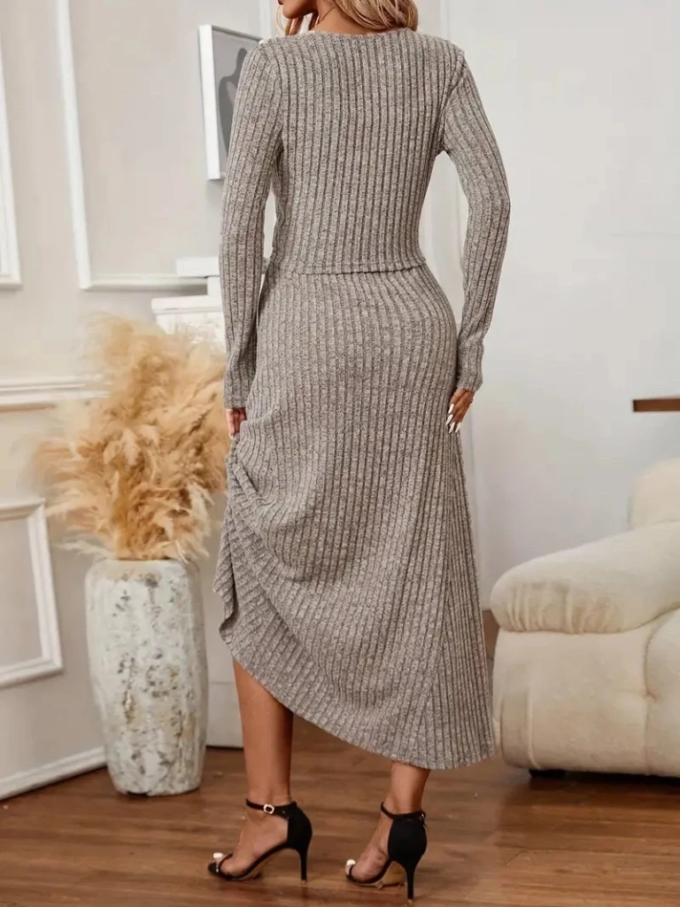 Uzun Kollu Düğmeli Bluz Uzun Etek Kaşkorse İkili Takım