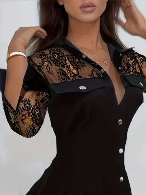 Uzun Kollu Yakalı önden Düğmeli Cep Detaylı Mini Modal Elbise