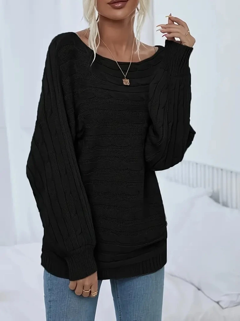Kadın Uzun Kollu Yakası Açık Saç örgü Desenli Triko Bluz