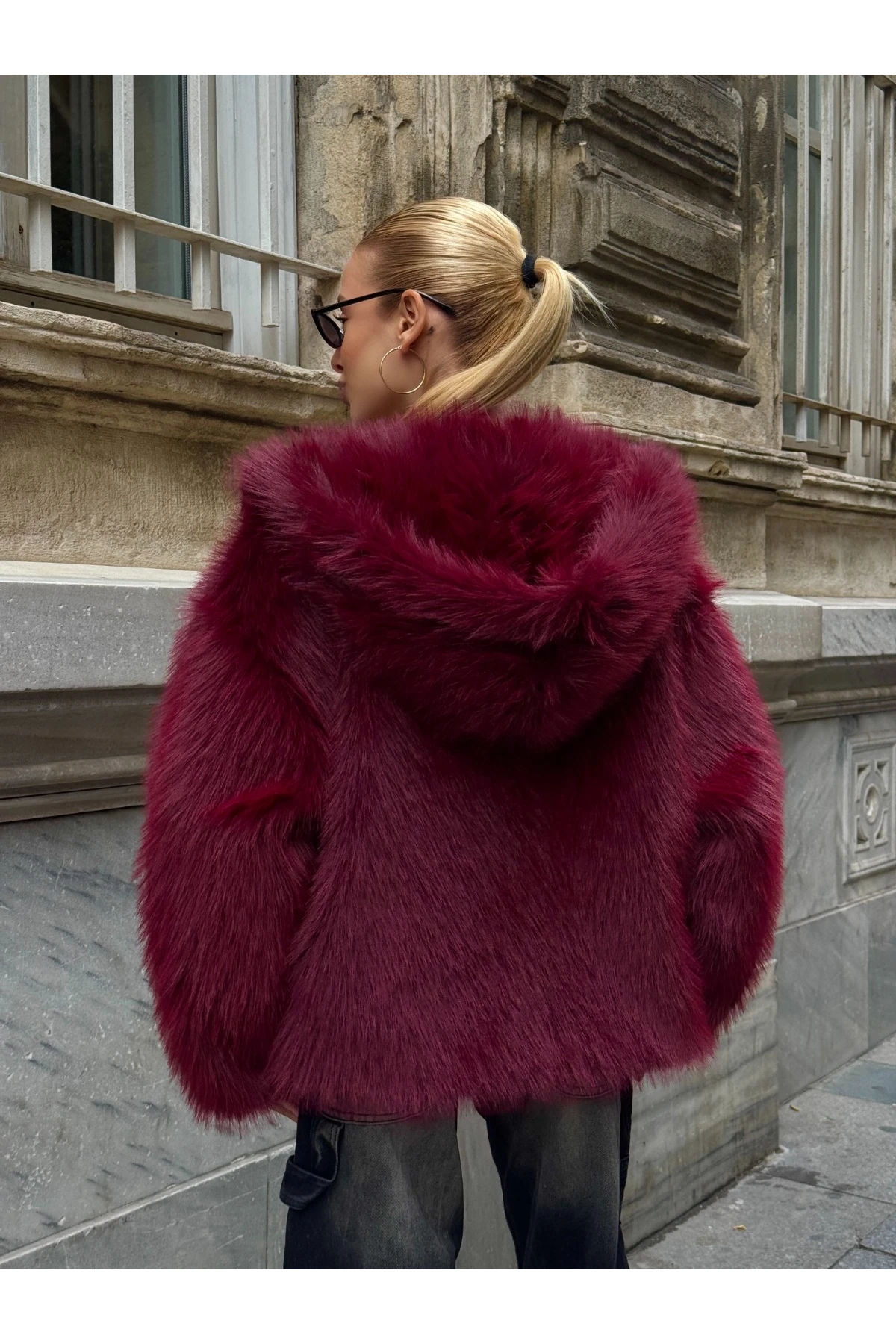 Kapşonlu Kürk Ceket Bordo