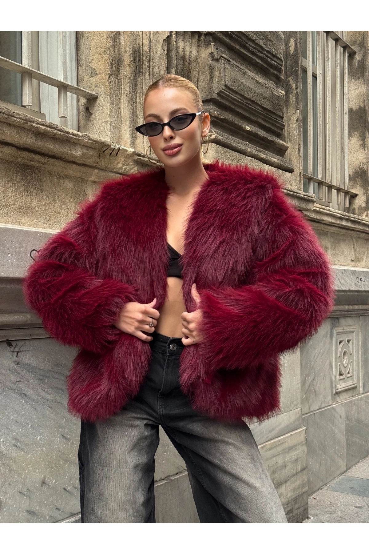 Kapşonlu Kürk Ceket Bordo