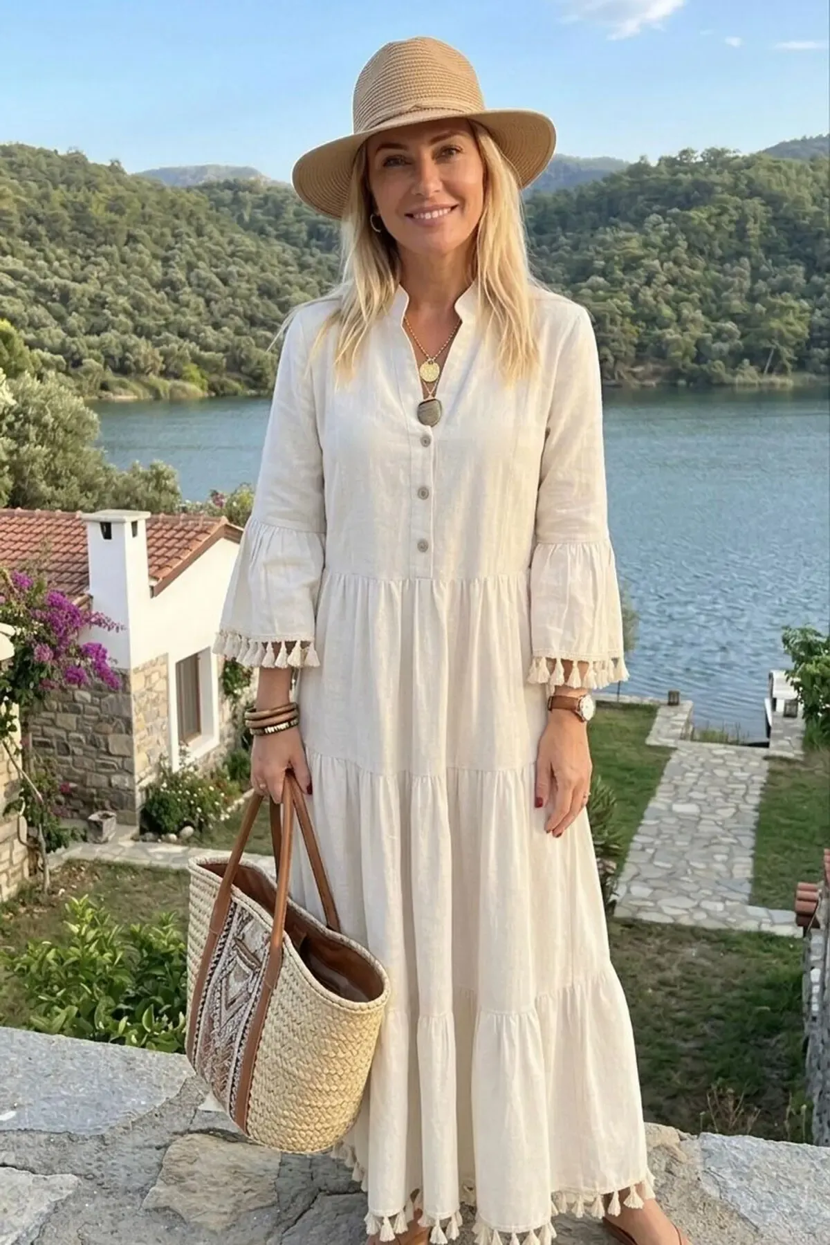 Keten Püskül Detaylı Maxi Boy Yazlık Elbise